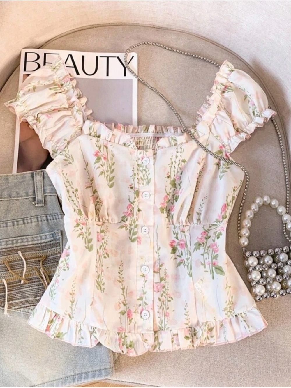Romantic Floral Ruffle Milkmaid Top – Dreamy Cottagecore Style